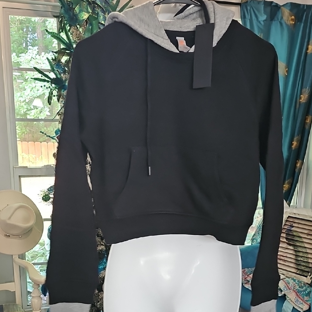 Mono B Black Boxy Crop Sweatshirt With Hood NWT